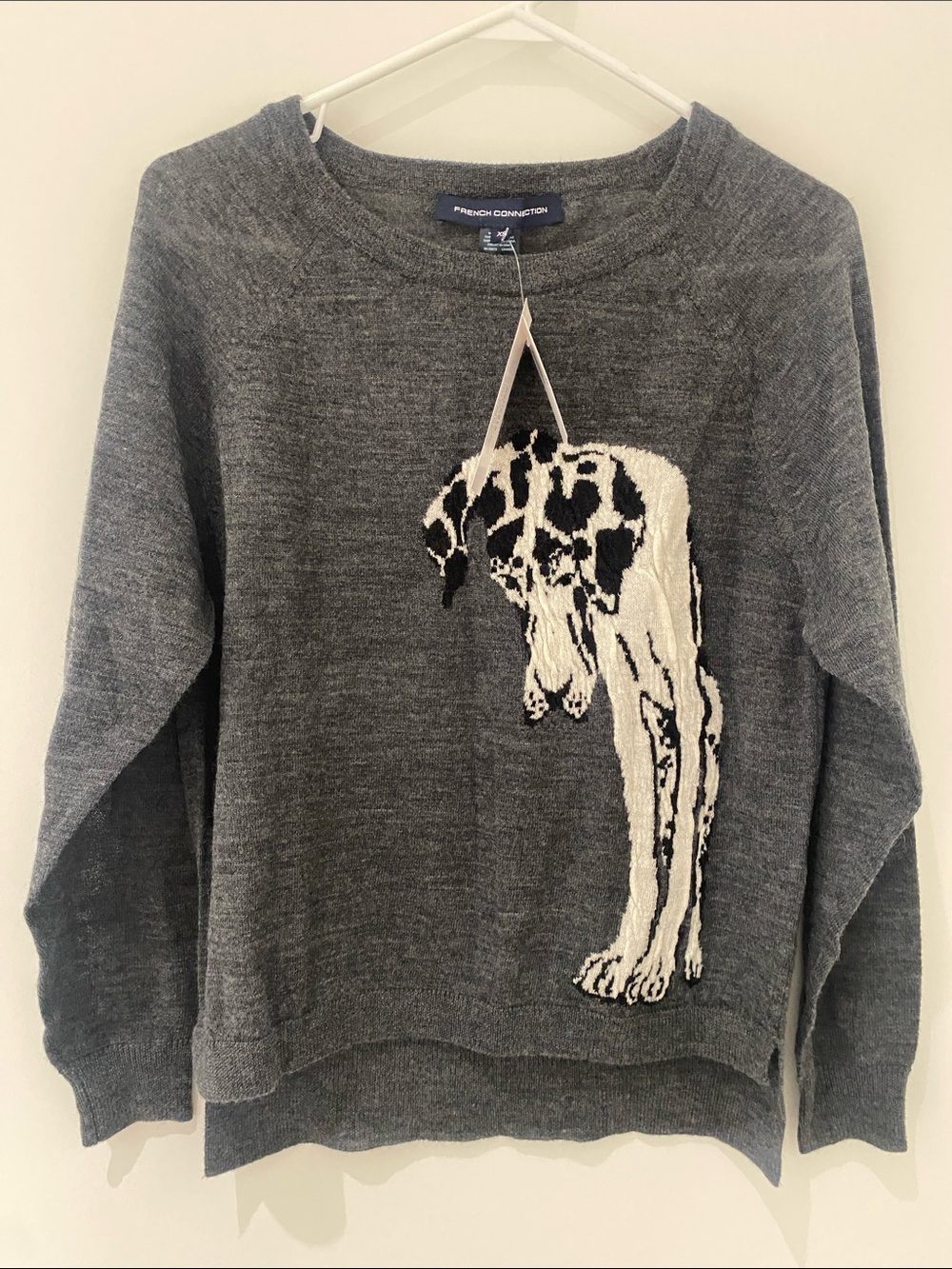 NWT French Connection 100% Wool “Dog” Crewneck Sweater Grey Size XS
